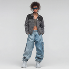 LAILA Washed Grey Denim Jacket with Handmade strass