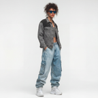 LAILA Washed Grey Denim Jacket with Handmade strass