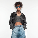 LAILA Washed Grey Denim Jacket with Handmade strass