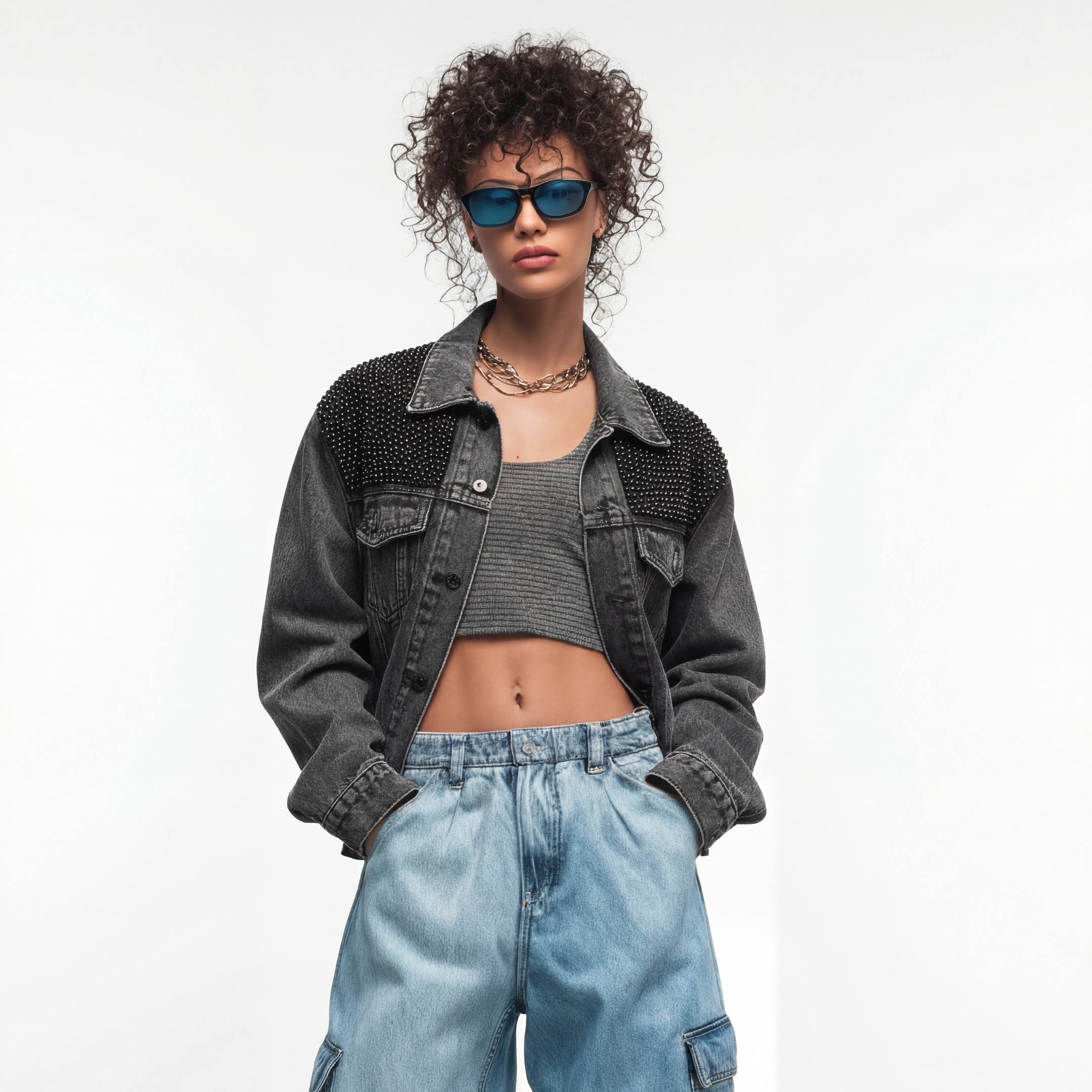 LAILA Washed Grey Denim Jacket with Handmade strass