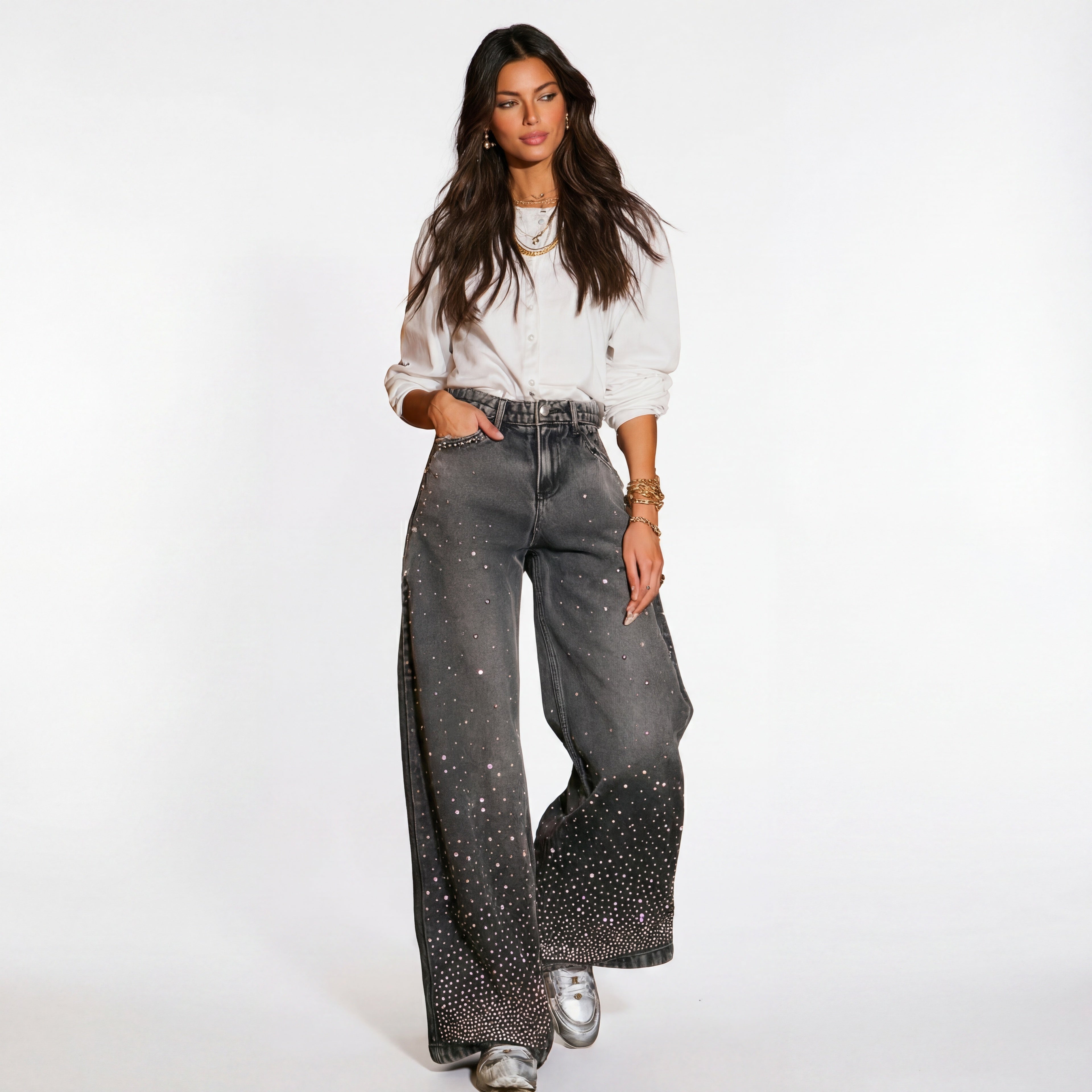 LAILA Silver Strass Wide-Leg Tall Denim Pants