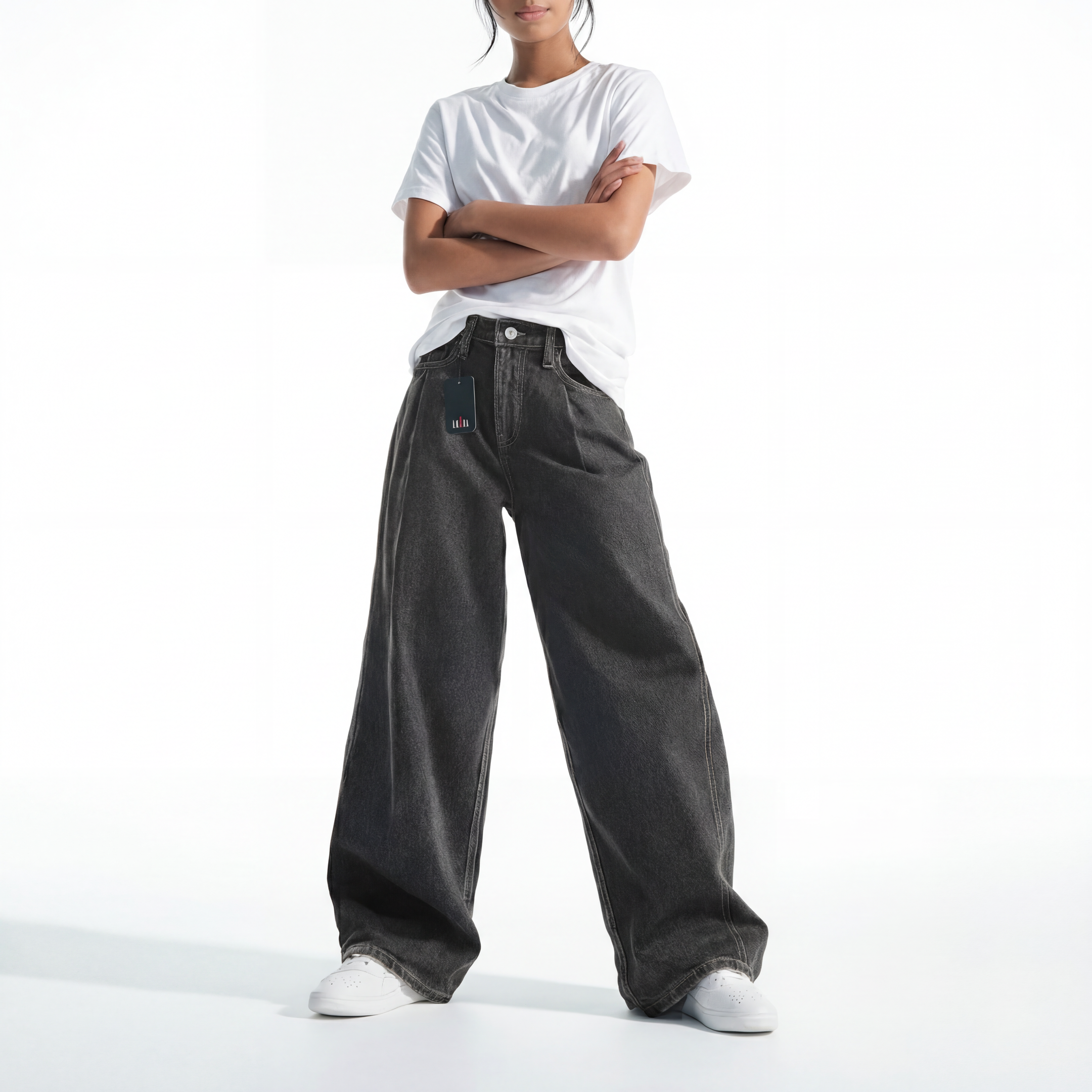 LAILA Washed Grey Wide-Leg Denim Trousers