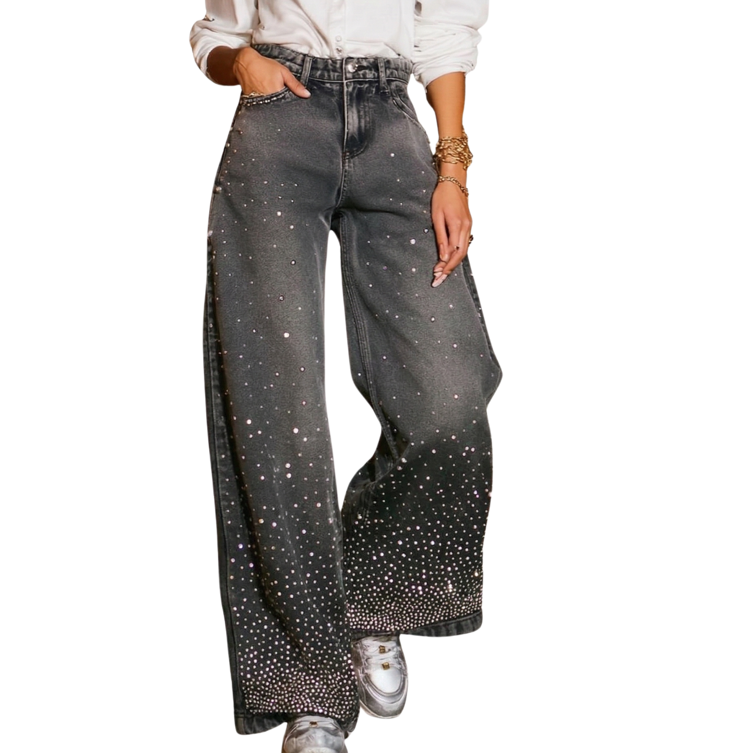 LAILA Silver Strass Wide-Leg Tall Denim Pants