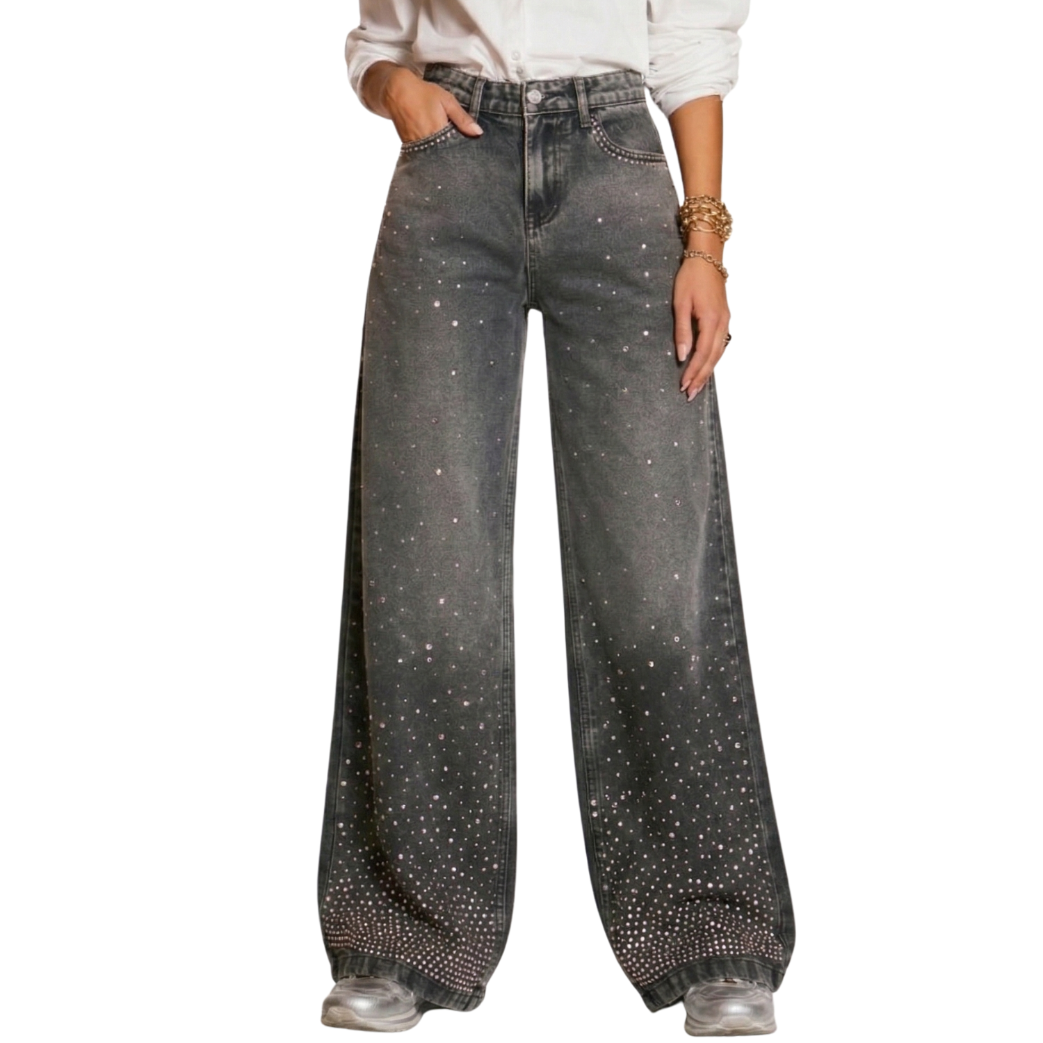 LAILA Silver Strass Wide-Leg Tall Denim Pants