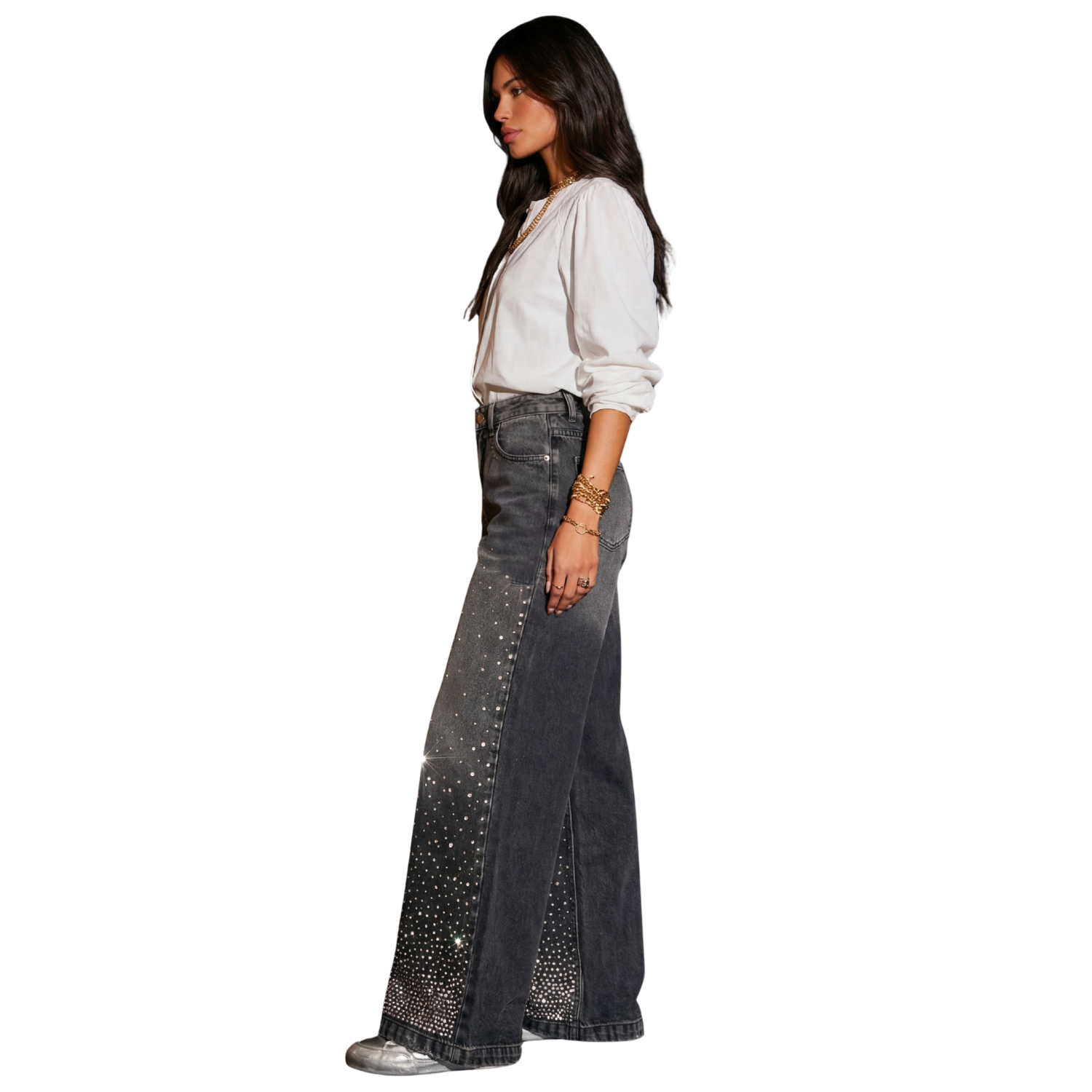 LAILA Silver Strass Wide-Leg Tall Denim Pants