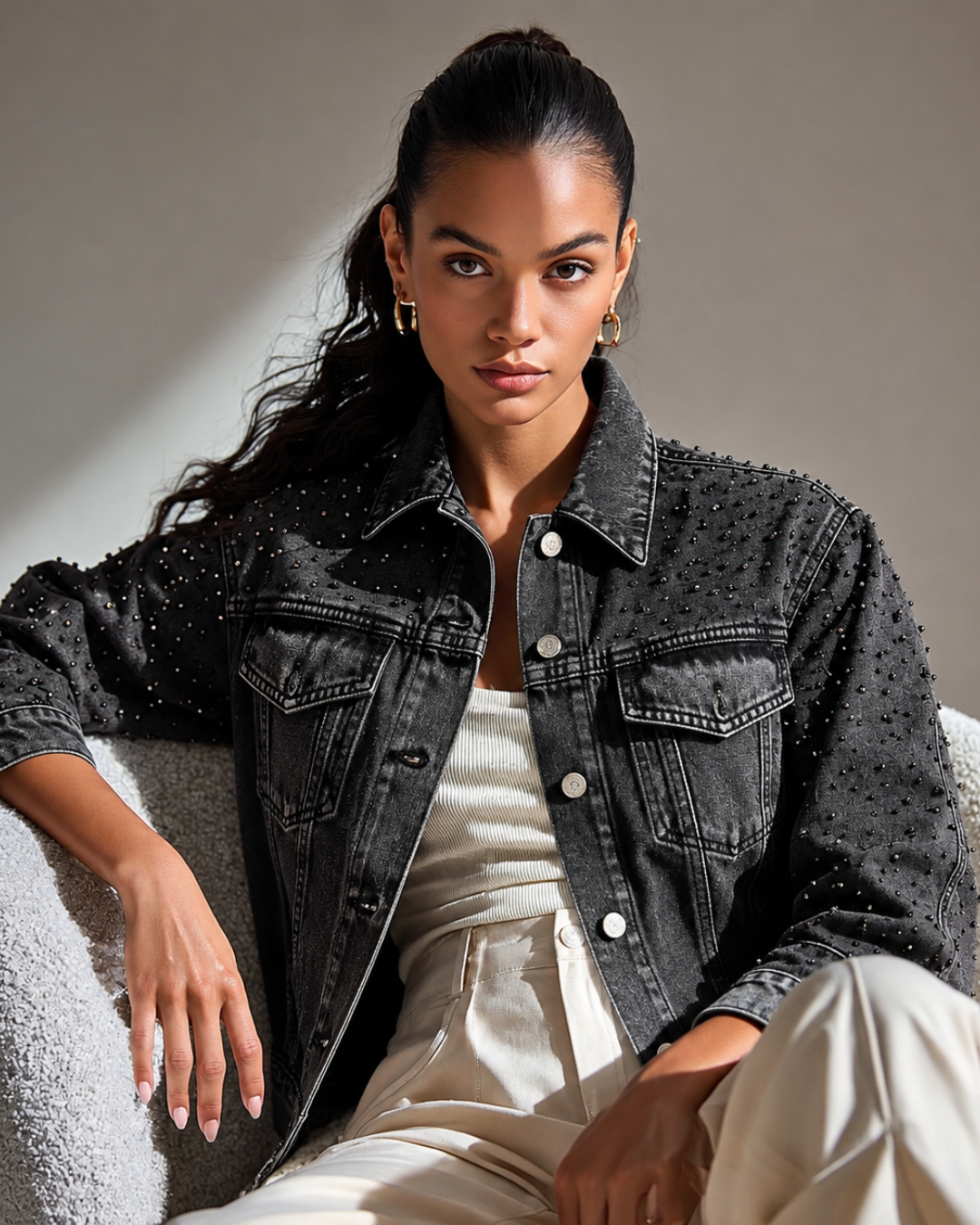 LAILA Black Strass Denim Jacket