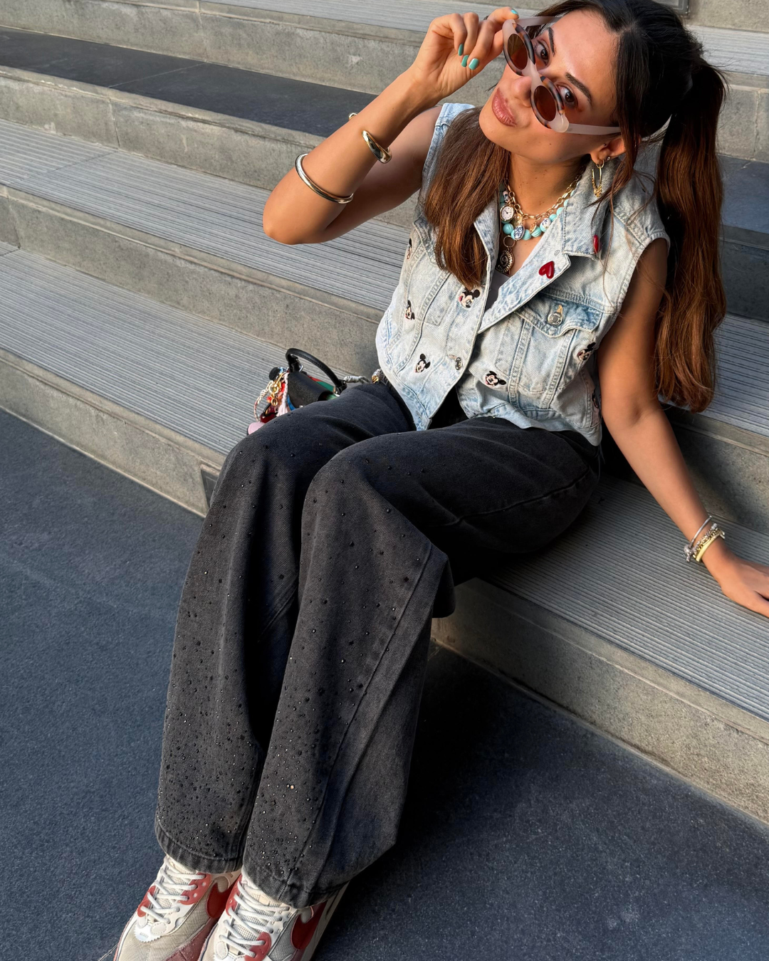 LAILA Black Strass Wide-Leg Tall Denim Pants