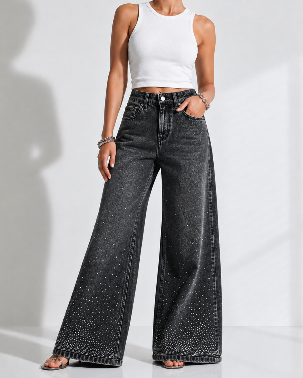 LAILA Silver Strass Wide-Leg Tall Denim Pants