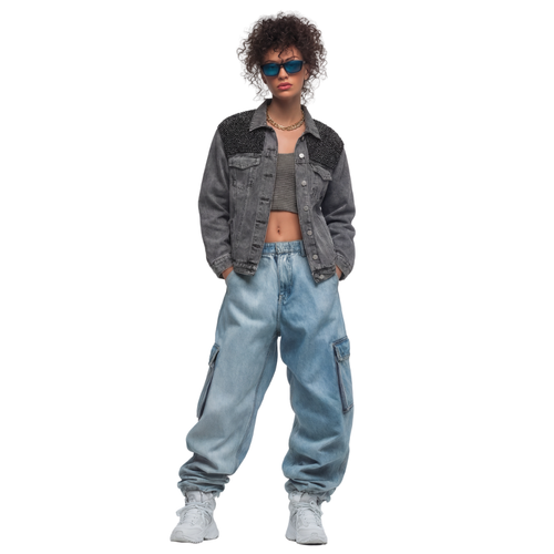 LAILA Washed Grey Denim Jacket with Handmade strass