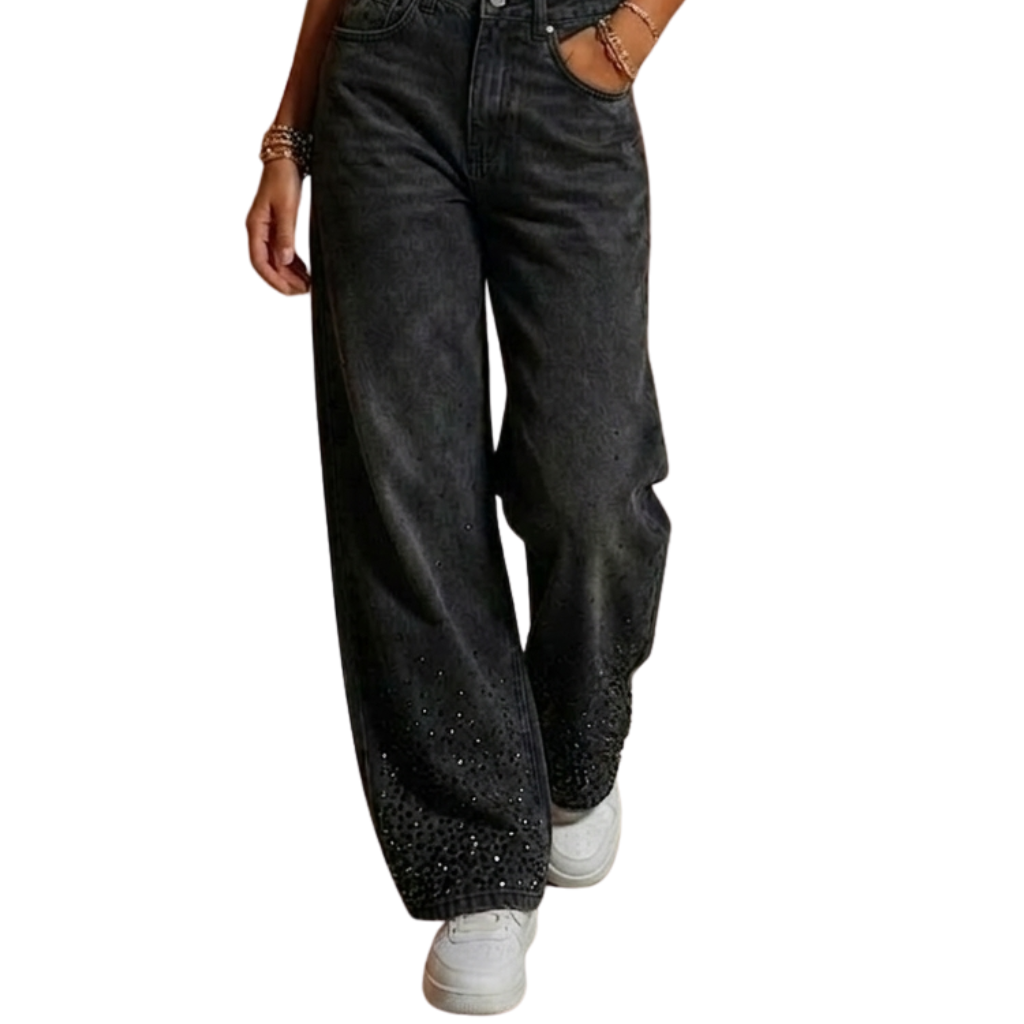 LAILA Black Strass Wide-Leg Tall Denim Pants