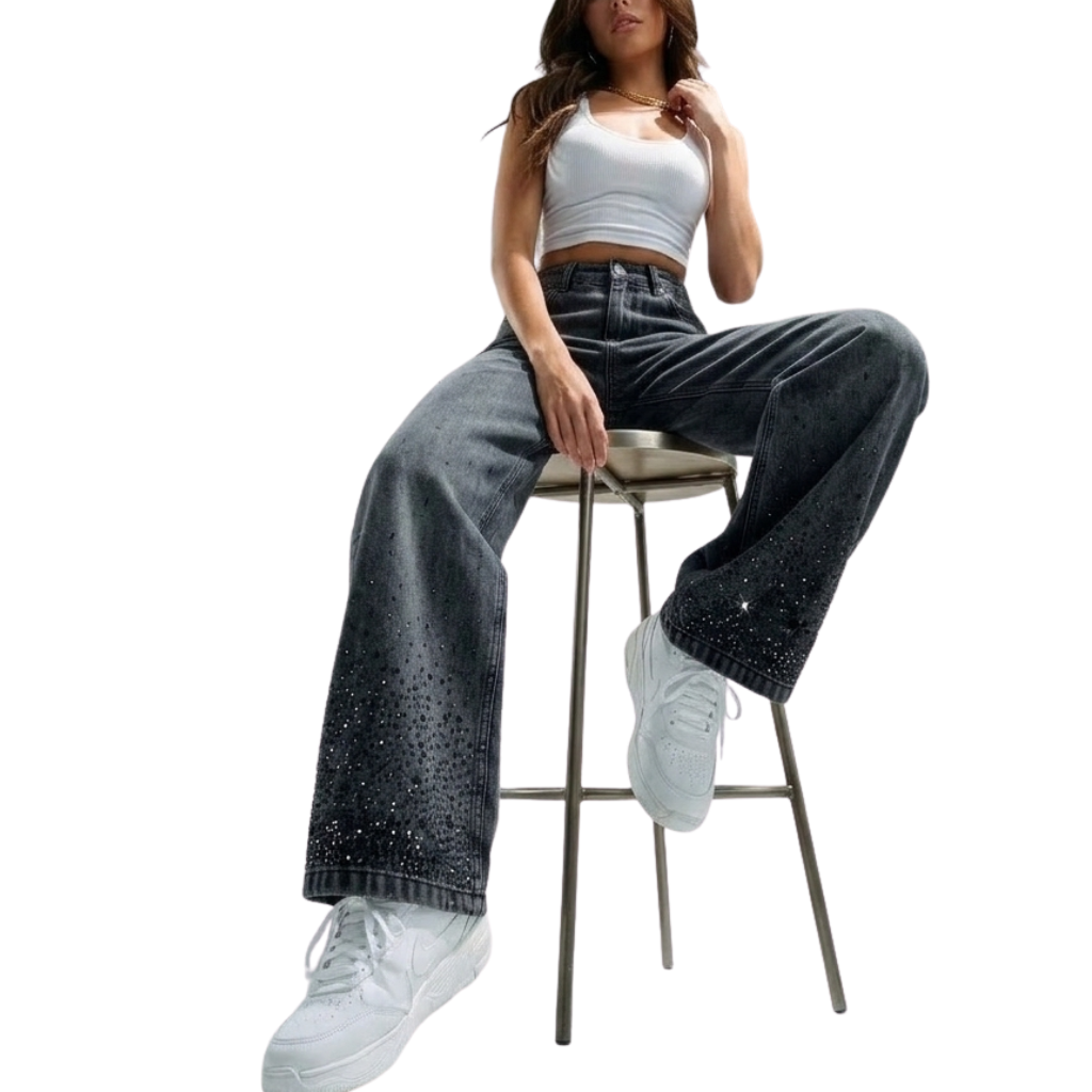 LAILA Black Strass Wide-Leg Tall Denim Pants