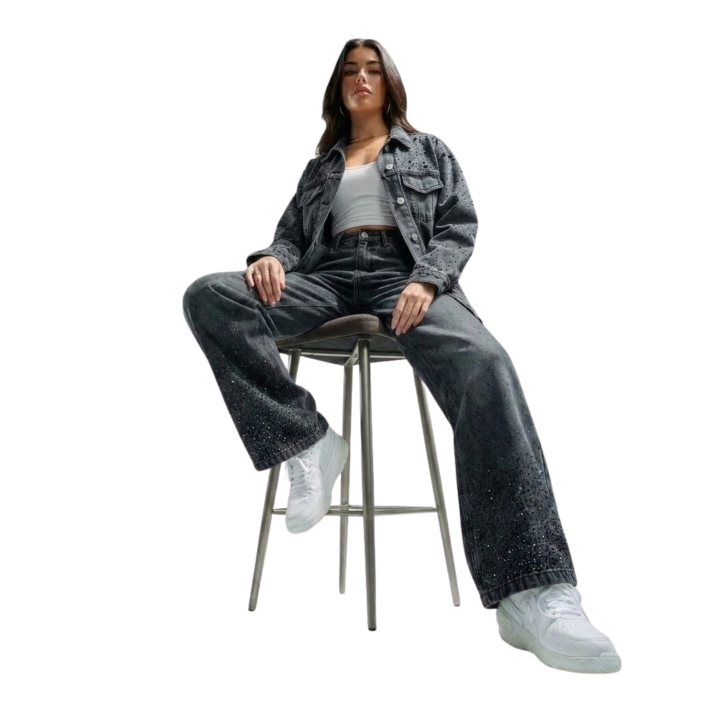 LAILA Black Strass Wide-Leg Tall Denim Pants
