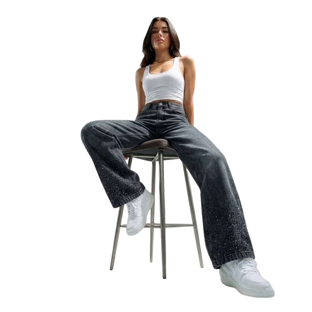 LAILA Black Strass Wide-Leg Tall Denim Pants