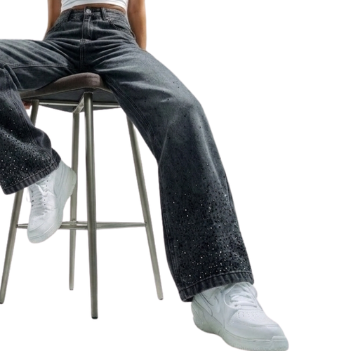 LAILA Black Strass Wide-Leg Tall Denim Pants