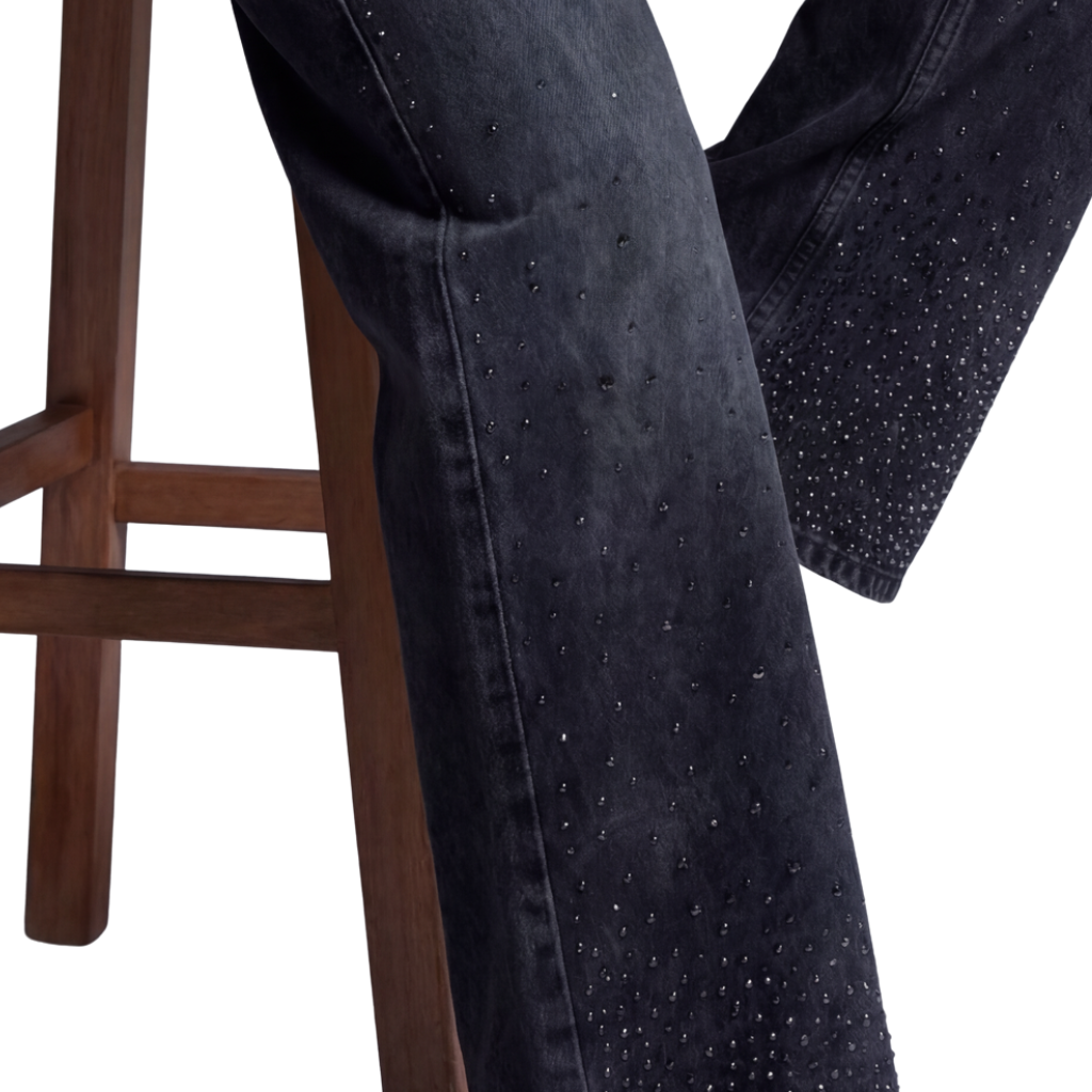 LAILA Washed Grey Wide-Leg Denim Trousers with Strass Detail