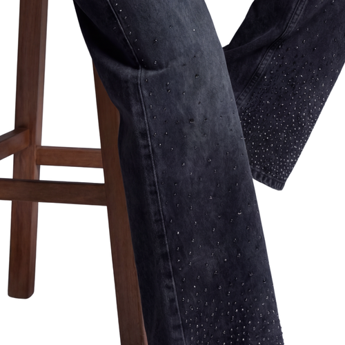 LAILA Washed Grey Wide-Leg Denim Trousers with Strass Detail